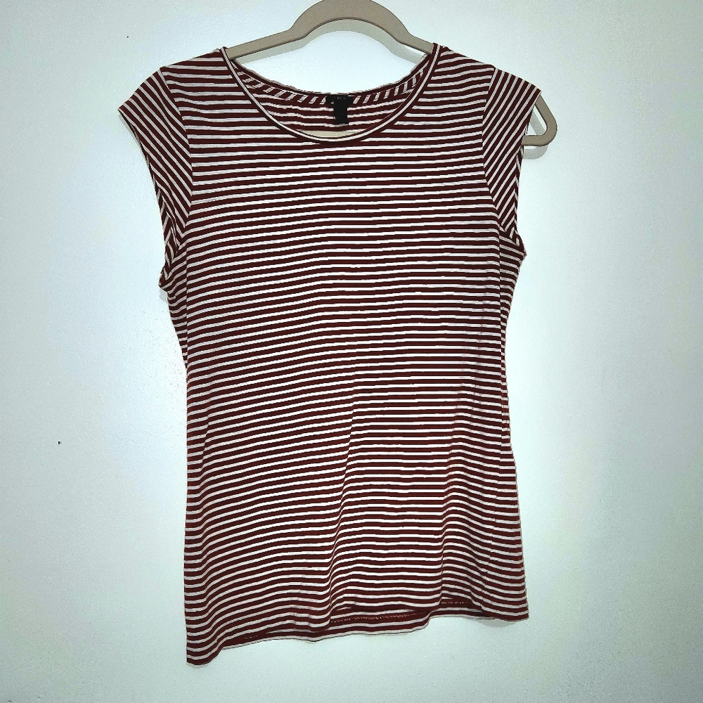 J. Crew Striped T-Shirt Womens Size XS Brown White Cotton Linen Blend Cap Sleeve